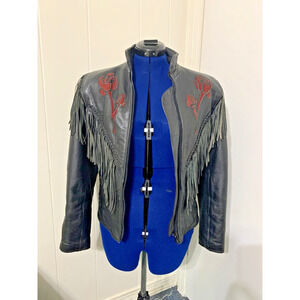 VTG SHAF Black Fringe Red Rose Leather Zip Up Motorcycle Jacket (Size M)